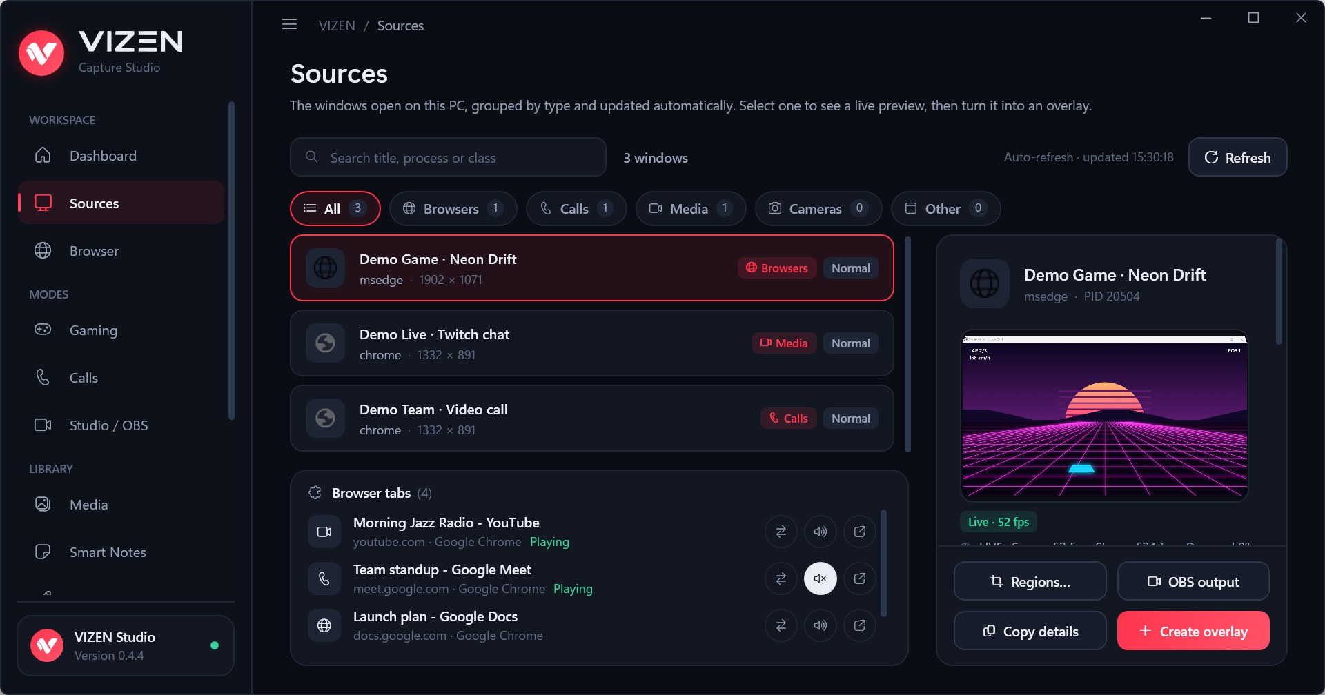 VIZEN Sources page with demo windows, a live preview and browser tabs